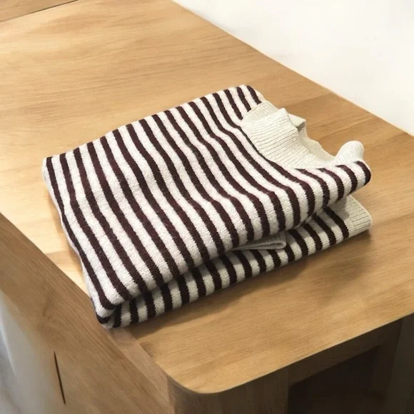 LOFT Mock Neck Short Sleeve Wool White Striped Pullover Sweater Women's Medium - Picture 13 of 13